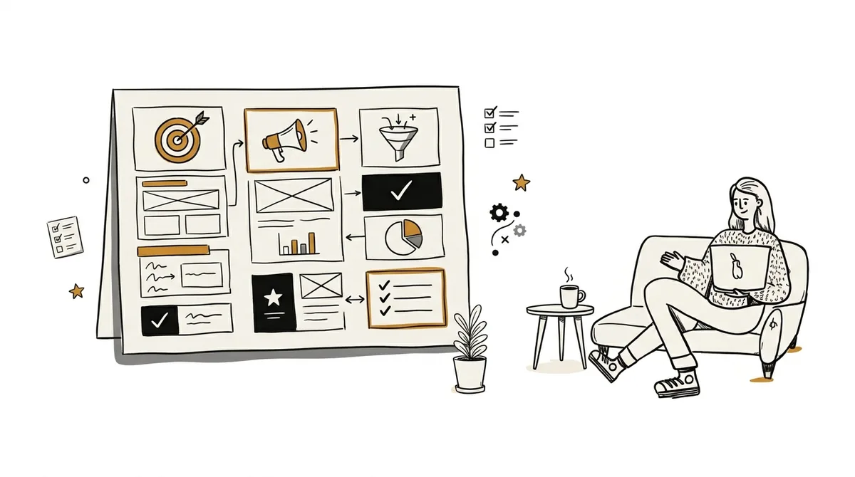 Illustration of a woman relaxing on a sofa with a laptop next to a large planning board of a target, megaphone, funnel and checklists.