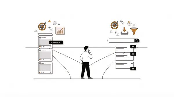 Illustration of a person at a fork choosing between social media feed posts marked sponsored on one side and search results marked ad on the other.