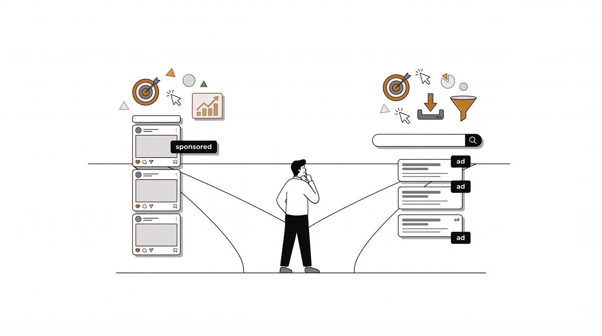 Illustration of a person at a fork choosing between social media feed posts marked sponsored on one side and search results marked ad on the other.