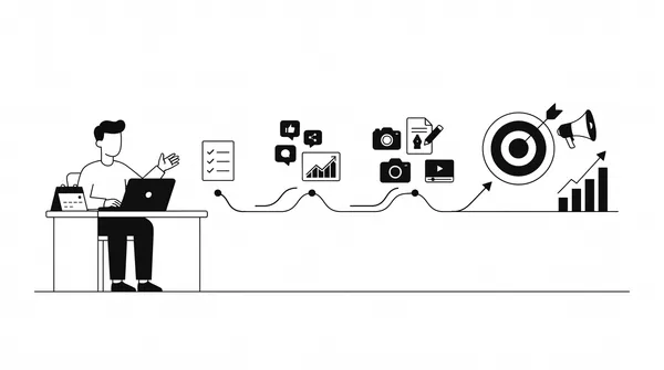 Illustration of a business owner at a desk with a calendar and laptop, beside a step-by-step timeline from checklist to social content to a target with a megaphone and rising results.