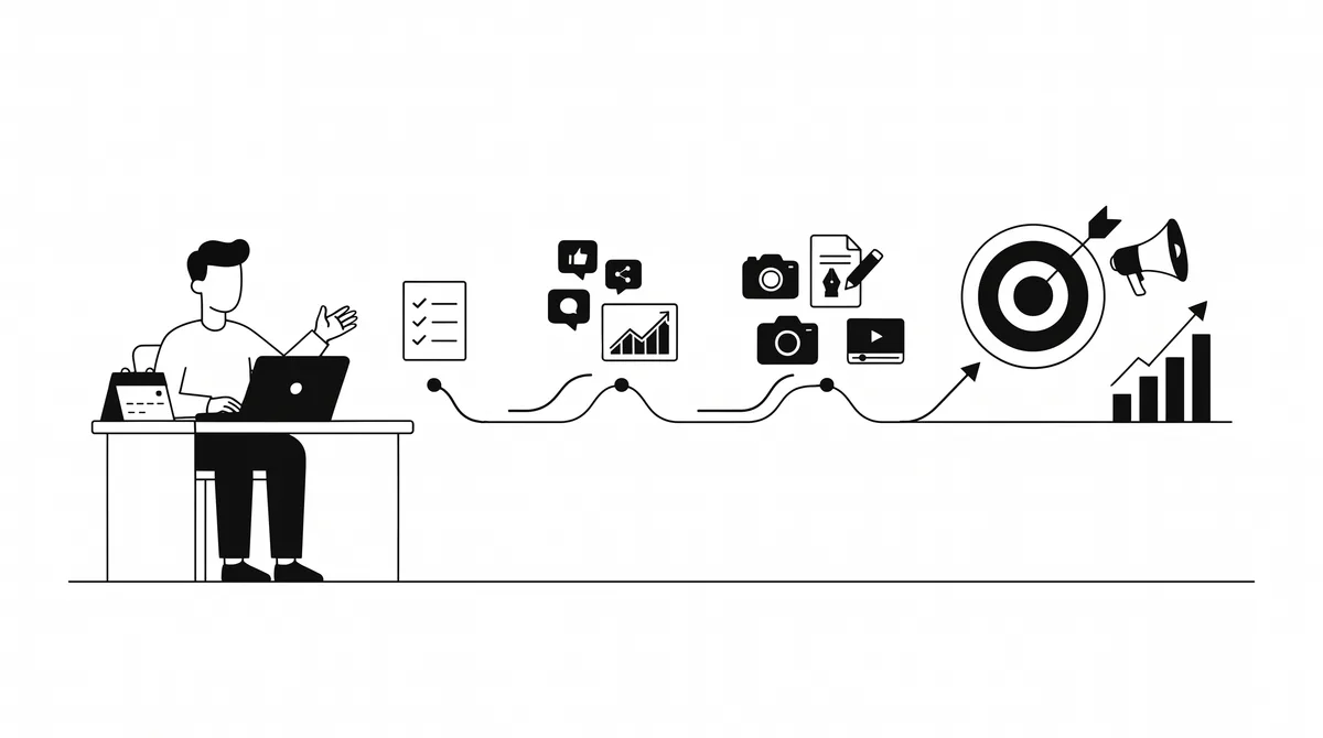 Illustration of a business owner at a desk with a calendar and laptop, beside a step-by-step timeline from checklist to social content to a target with a megaphone and rising results.