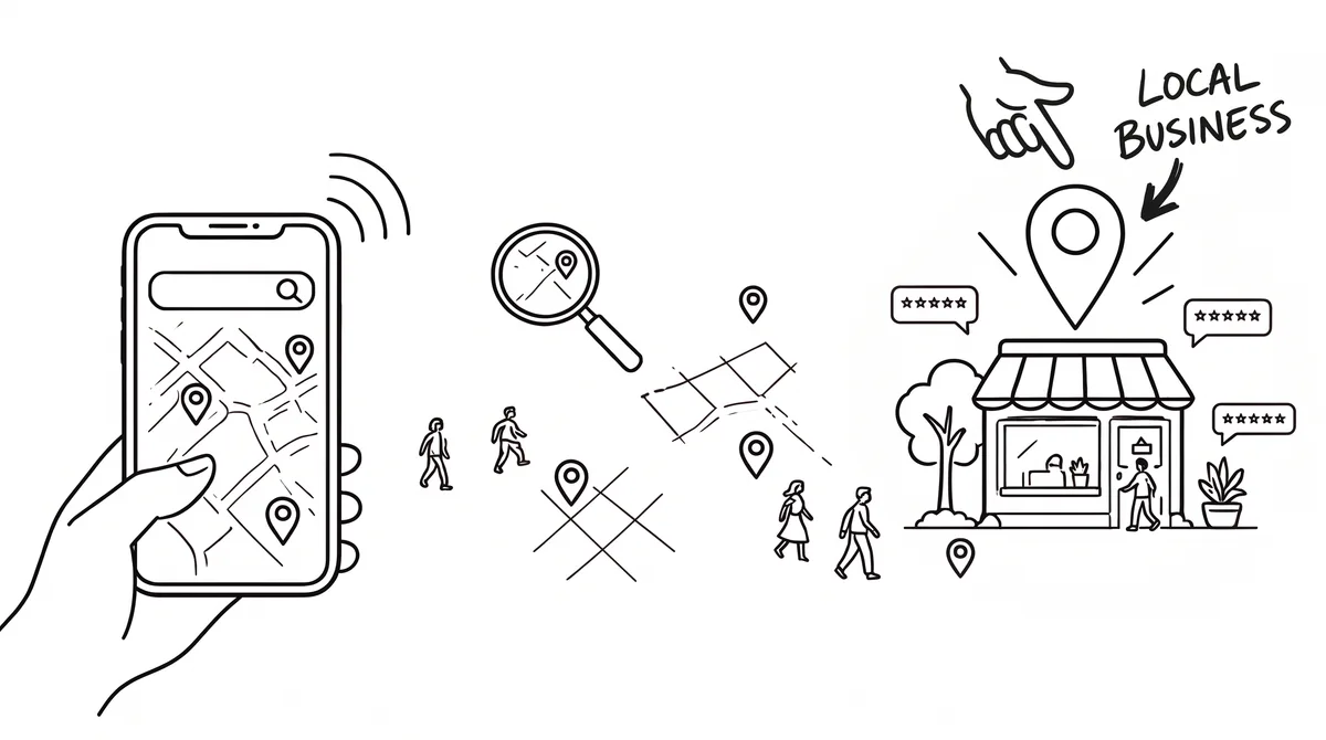 Illustration of a hand holding a phone with a map and location pins next to a local storefront with five-star reviews and a Local Business label.