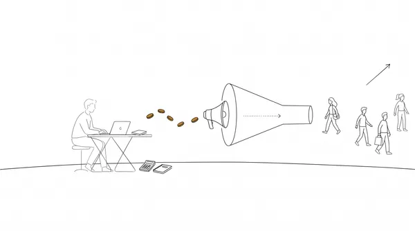 Illustration of a man at a desk with a calculator, coins flowing into a megaphone and a group of people walking out the other side, showing how ad budget turns into customers.
