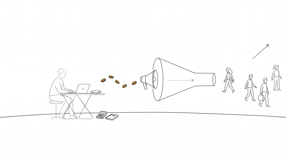 Illustration of a man at a desk with a calculator, coins flowing into a megaphone and a group of people walking out the other side, showing how ad budget turns into customers.