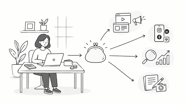 Illustration of a small business owner at a laptop with a coin purse sending arrows to four spending areas: online ads, social media, search and analytics, and content creation.