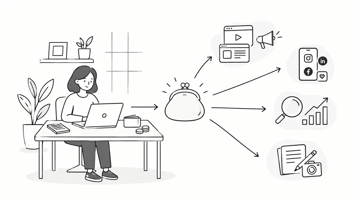 Illustration of a small business owner at a laptop with a coin purse sending arrows to four spending areas: online ads, social media, search and analytics, and content creation.