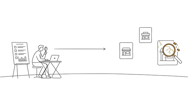 Illustration of a man with a magnifying glass at a laptop beside a checklist board, looking across competitor storefronts to spot the one with cracks.
