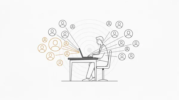 Illustration of a man at a laptop with lines reaching out to a circle of customer profiles, with the best-fit audience members highlighted in orange.