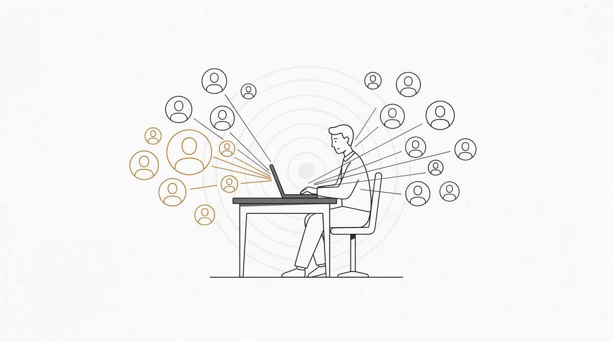 Illustration of a man at a laptop with lines reaching out to a circle of customer profiles, with the best-fit audience members highlighted in orange.