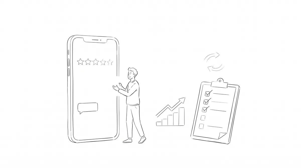 Illustration of a person presenting a large phone showing a star rating and message, beside a growth chart and a checklist representing a repeatable review system.