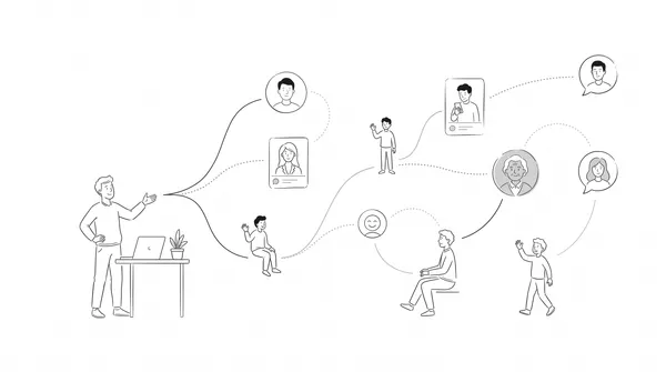 Illustration of a founder at a desk gesturing toward a network of people and conversations, showing how the first customers are won one by one.