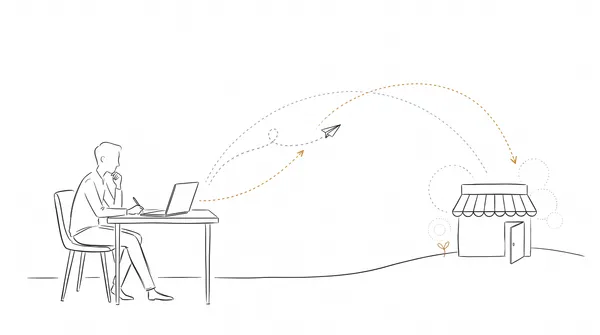 Illustration of a business owner at a laptop sending a paper plane and dotted arcs toward a quiet storefront, showing outreach to bring customers back in a slow season.