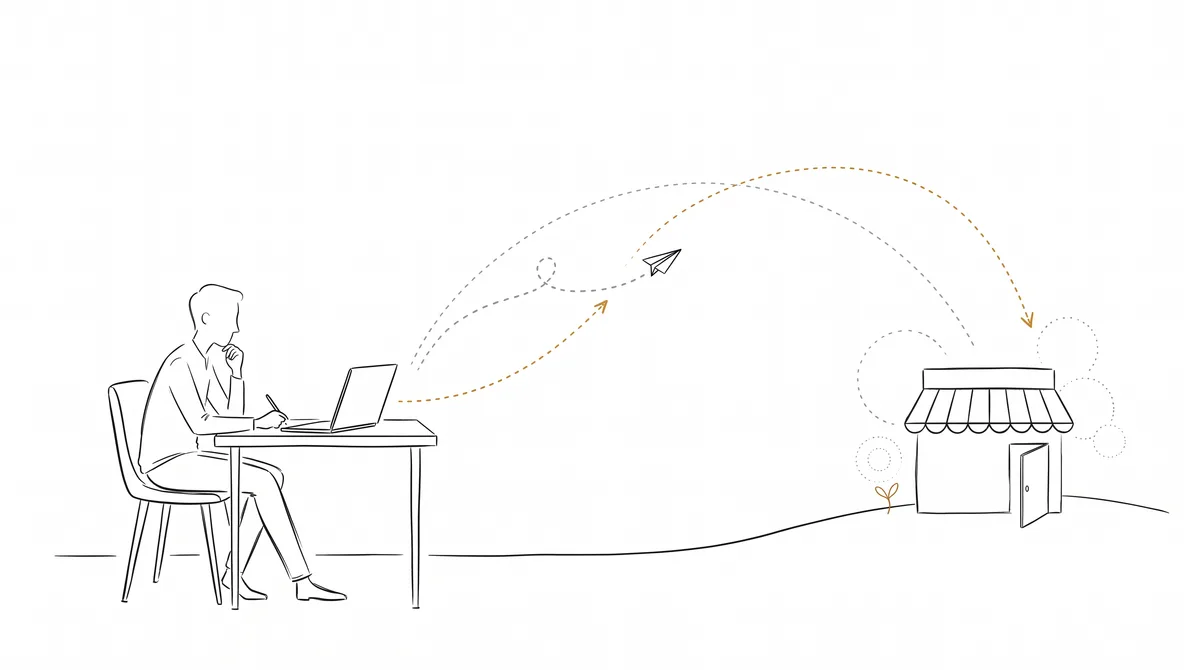 Illustration of a business owner at a laptop sending a paper plane and dotted arcs toward a quiet storefront, showing outreach to bring customers back in a slow season.
