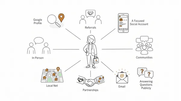 Diagram of a business owner surrounded by nine free marketing channels, including Google Profile, referrals, a focused social account, communities, email, partnerships and answering questions publicly.