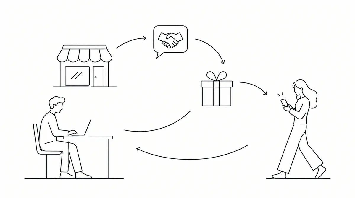 Illustration of a referral loop: a storefront and a handshake lead to a gift reward, a customer on her phone, and back to a business owner at a laptop.