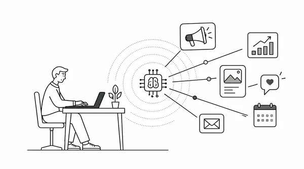 Illustration of a man at a laptop with an AI chip in the centre connecting to marketing tasks: ads, analytics, image creation, social engagement, a content calendar and email.