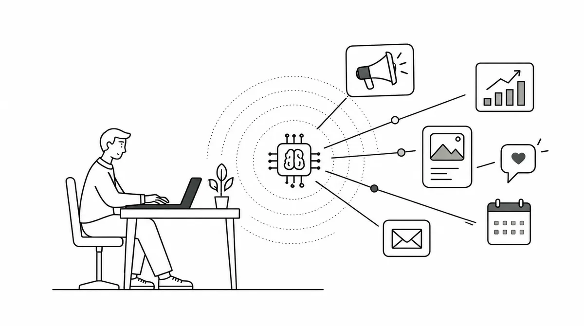 Illustration of a man at a laptop with an AI chip in the centre connecting to marketing tasks: ads, analytics, image creation, social engagement, a content calendar and email.