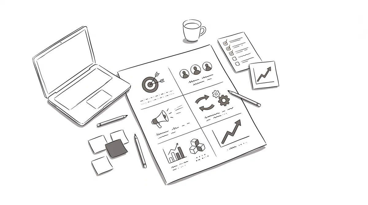 Illustration of a one-page marketing plan on a desk beside a laptop, coffee and pens, with sections for target, audience, message, channels, steps and results.