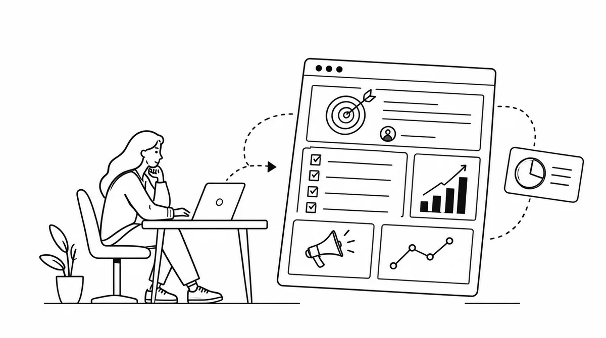 Illustration of a woman studying a marketing dashboard with a target, checklist, bar chart, megaphone and line graph, representing common marketing terms and metrics.