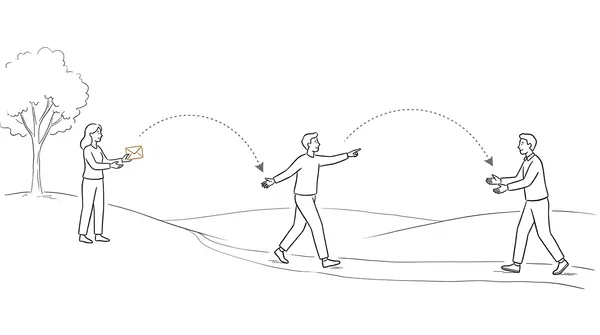 Illustration of a woman handing an envelope to a man who passes it on to a third person, showing work being handed off to others.