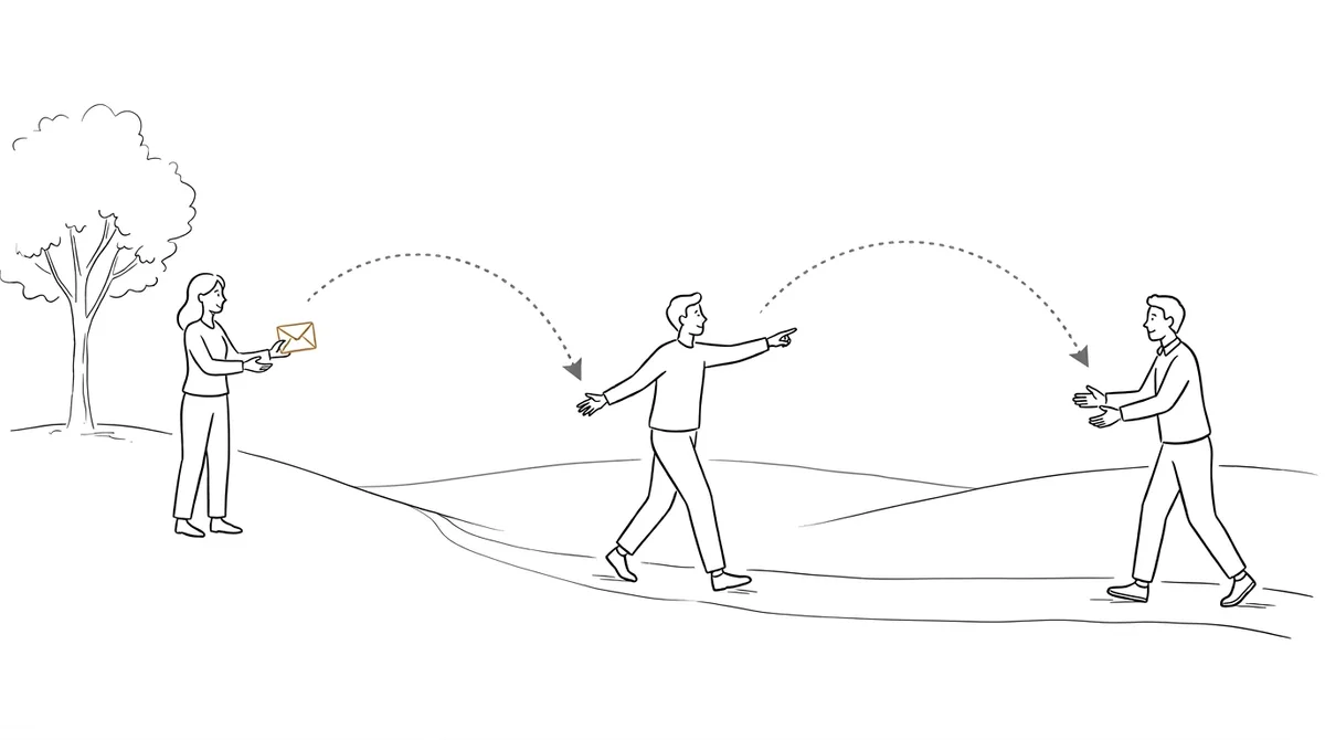 Illustration of a woman handing an envelope to a man who passes it on to a third person, showing work being handed off to others.