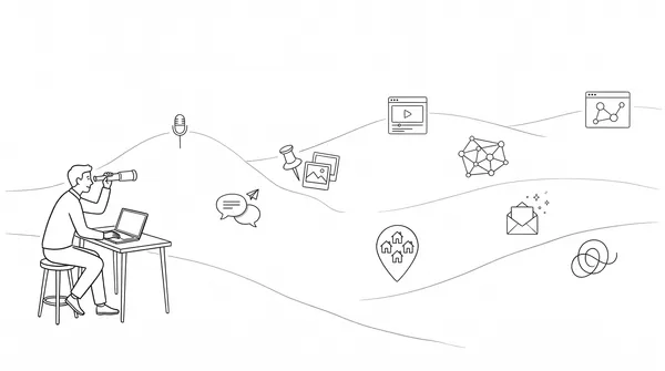 Illustration of a man at a desk looking through a telescope over rolling hills dotted with lesser-known marketing channels such as podcasts, video, email, local listings and online communities.