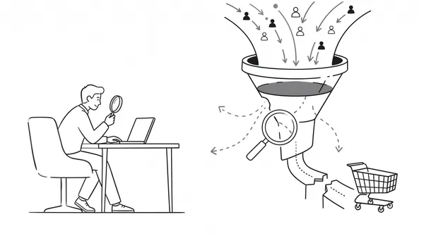 Illustration of a funnel with visitors pouring in, a magnifying glass spotting a leak in the neck, and a shopping cart waiting at the broken end where sales are lost.