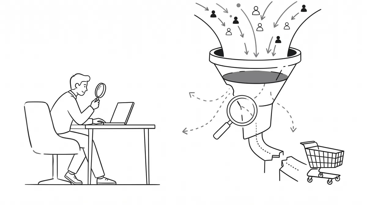 Illustration of a funnel with visitors pouring in, a magnifying glass spotting a leak in the neck, and a shopping cart waiting at the broken end where sales are lost.