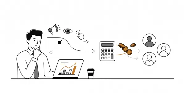 Illustration of a man thinking at a laptop showing a growth chart, with ad and click icons leading to a calculator, coins and new customer profiles.
