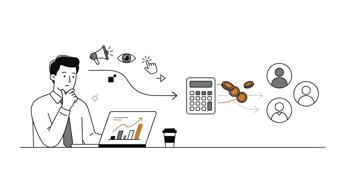 Illustration of a man thinking at a laptop showing a growth chart, with ad and click icons leading to a calculator, coins and new customer profiles.